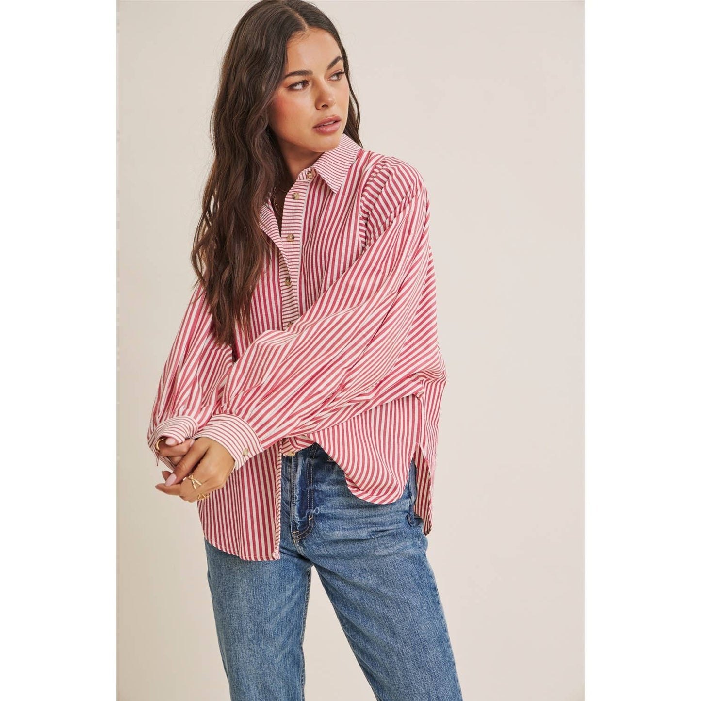 FRENCH CAFE EFFORTLESS DRAPE BATWING BUTTON-DOWN SHIRT