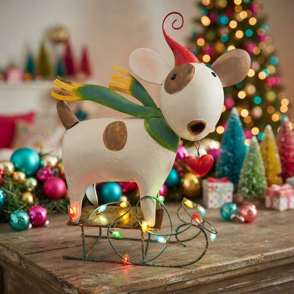 Metal Color Pop Christmas Dog on Sled w/ LED Lights 15.5"
