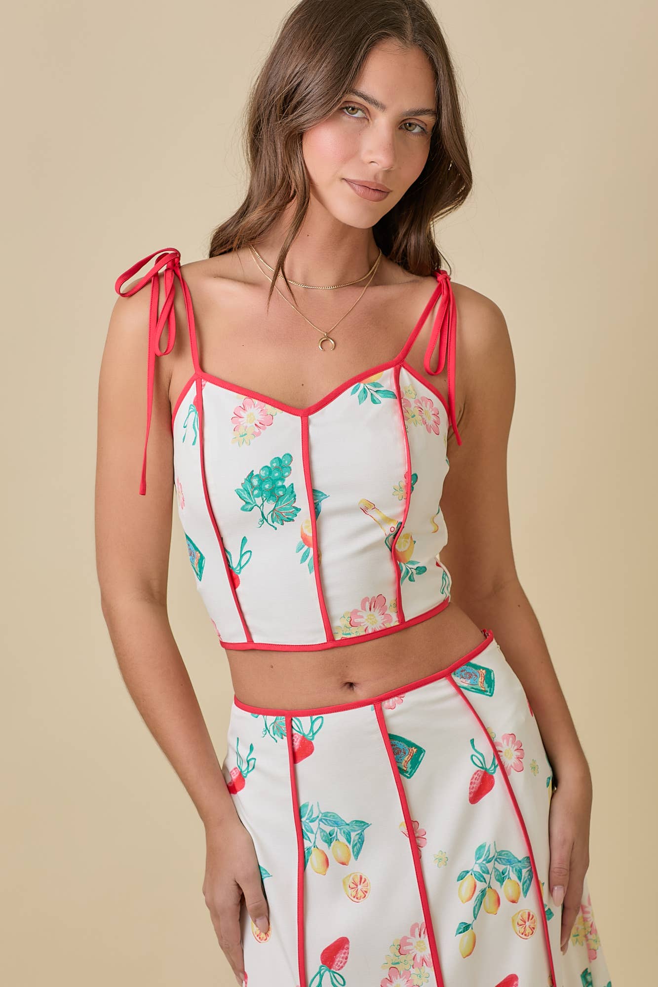 Strap Tie Crop Top With Vintage Print