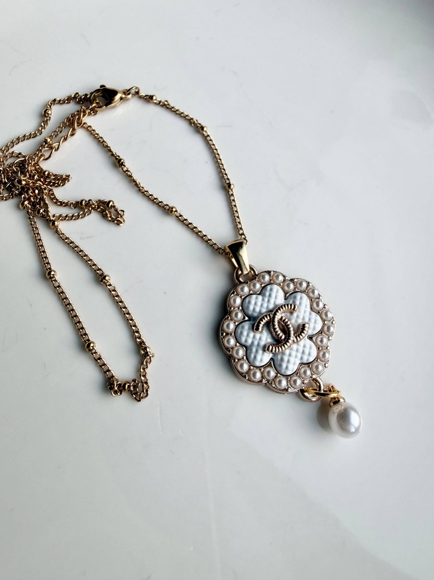 Upcycled Chanel White Pearl Pendant Necklace