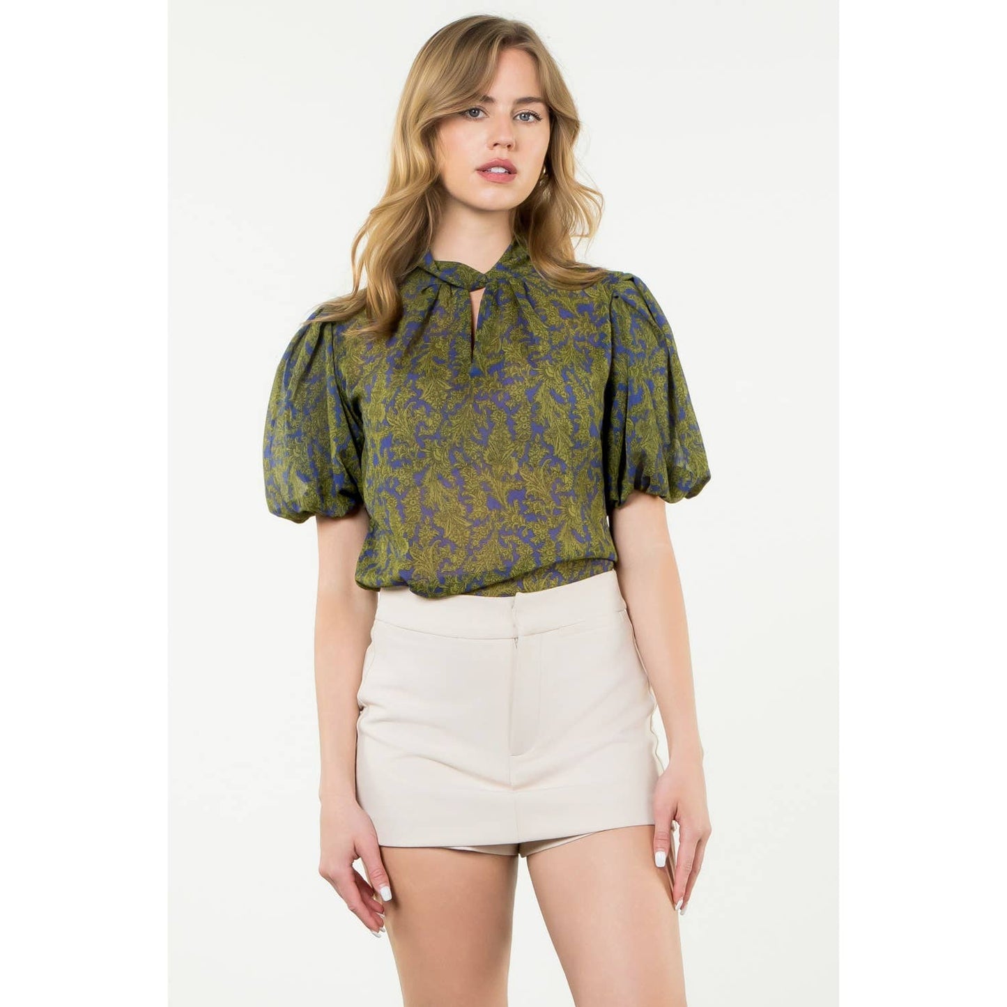 Twist Neck Puff Sleeve Print Top
