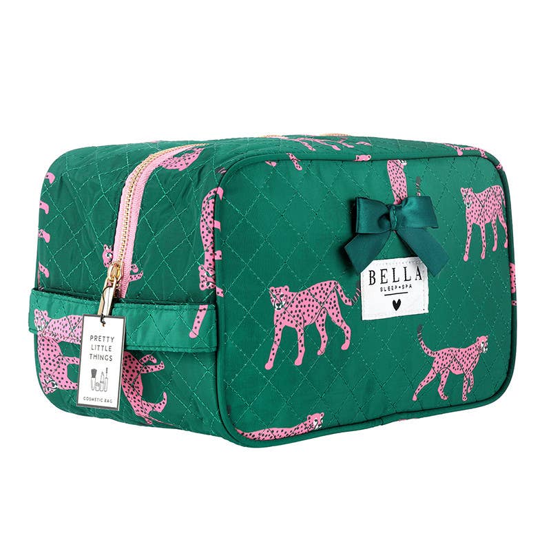Quilted Cosmetic Bag - Green + Cheetahs