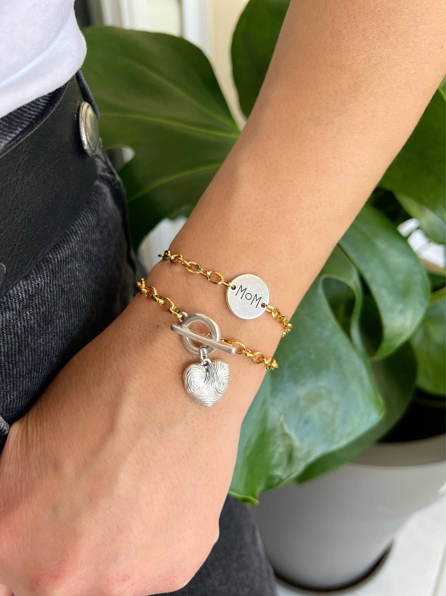 Gold Chain Bracelet with Silver Mom Charm, Heart Bracelet