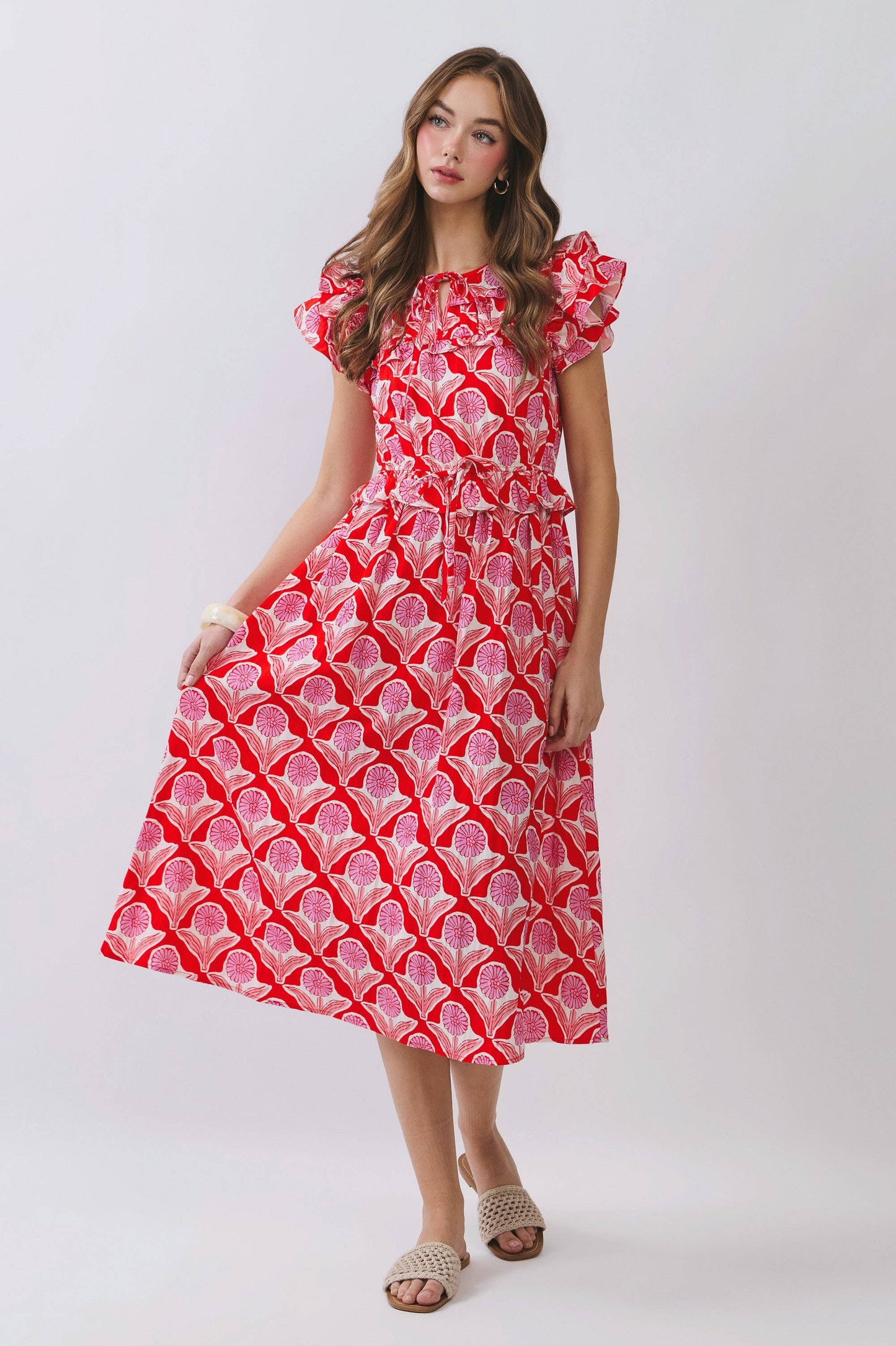 Red Floral Ruffle Sleeves Midi Dress