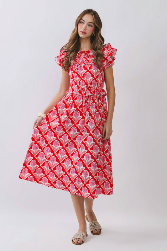 Red Floral Ruffle Sleeves Midi Dress