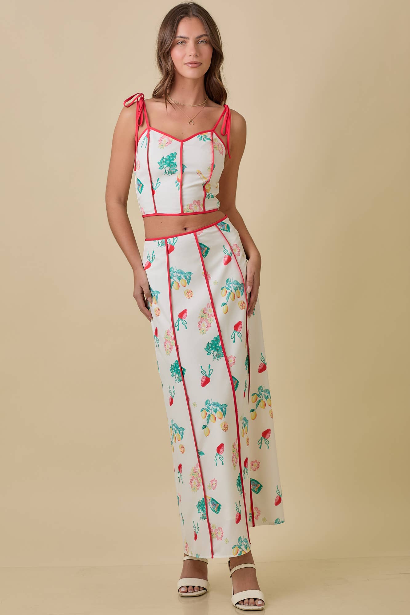 Vintage Fruit Print Midi Skirt - Ivory