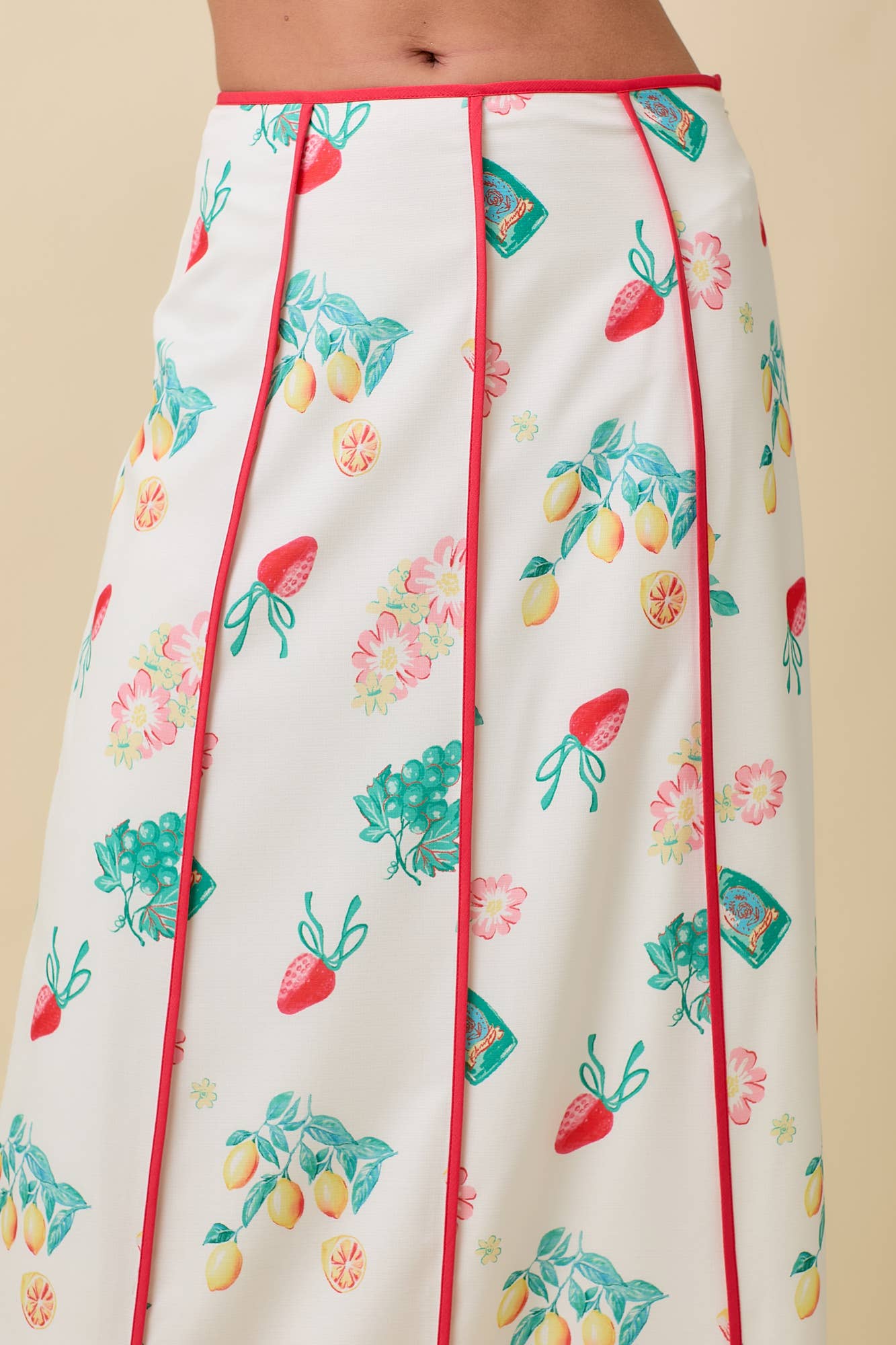 Vintage Fruit Print Midi Skirt - Ivory