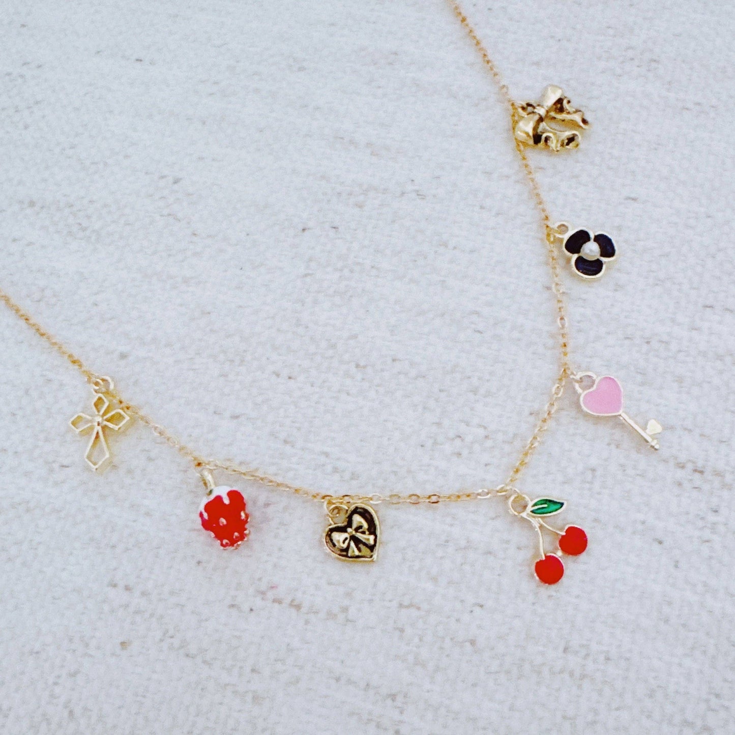 Cherry Berry Charm Necklace - Cherry Heart Key Flower Gold