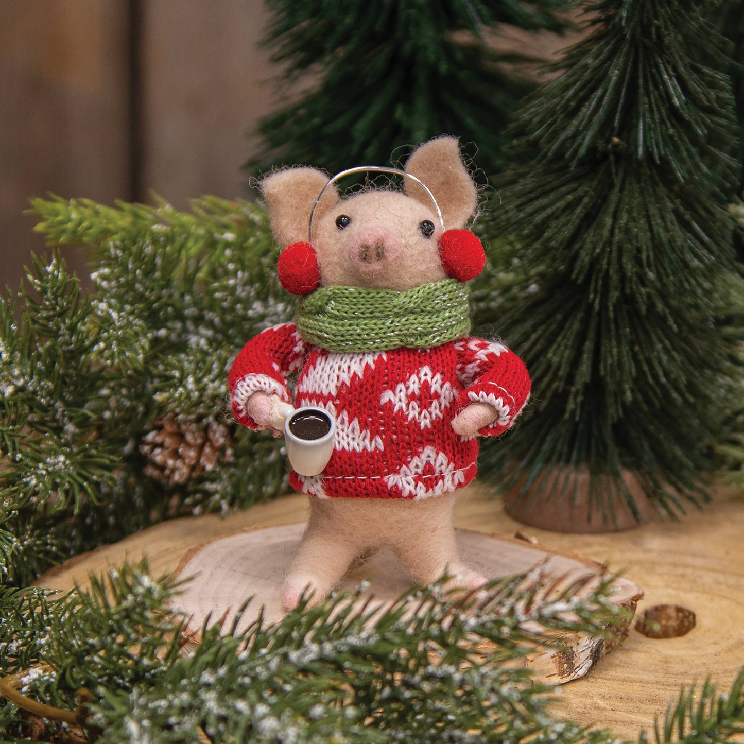 Pig with Coffee Felted Ornament