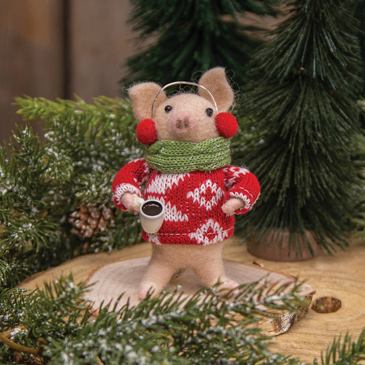 Pig with Coffee Felted Ornament