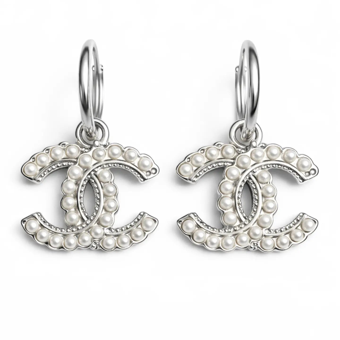 Silver & Pearl CC Upcycled Hoop Earrings