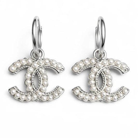 Silver & Pearl CC Upcycled Hoop Earrings