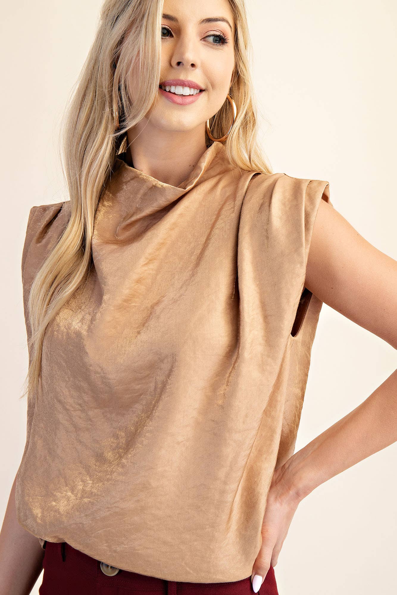 Cowl Neck Pleats Sleeveless Top