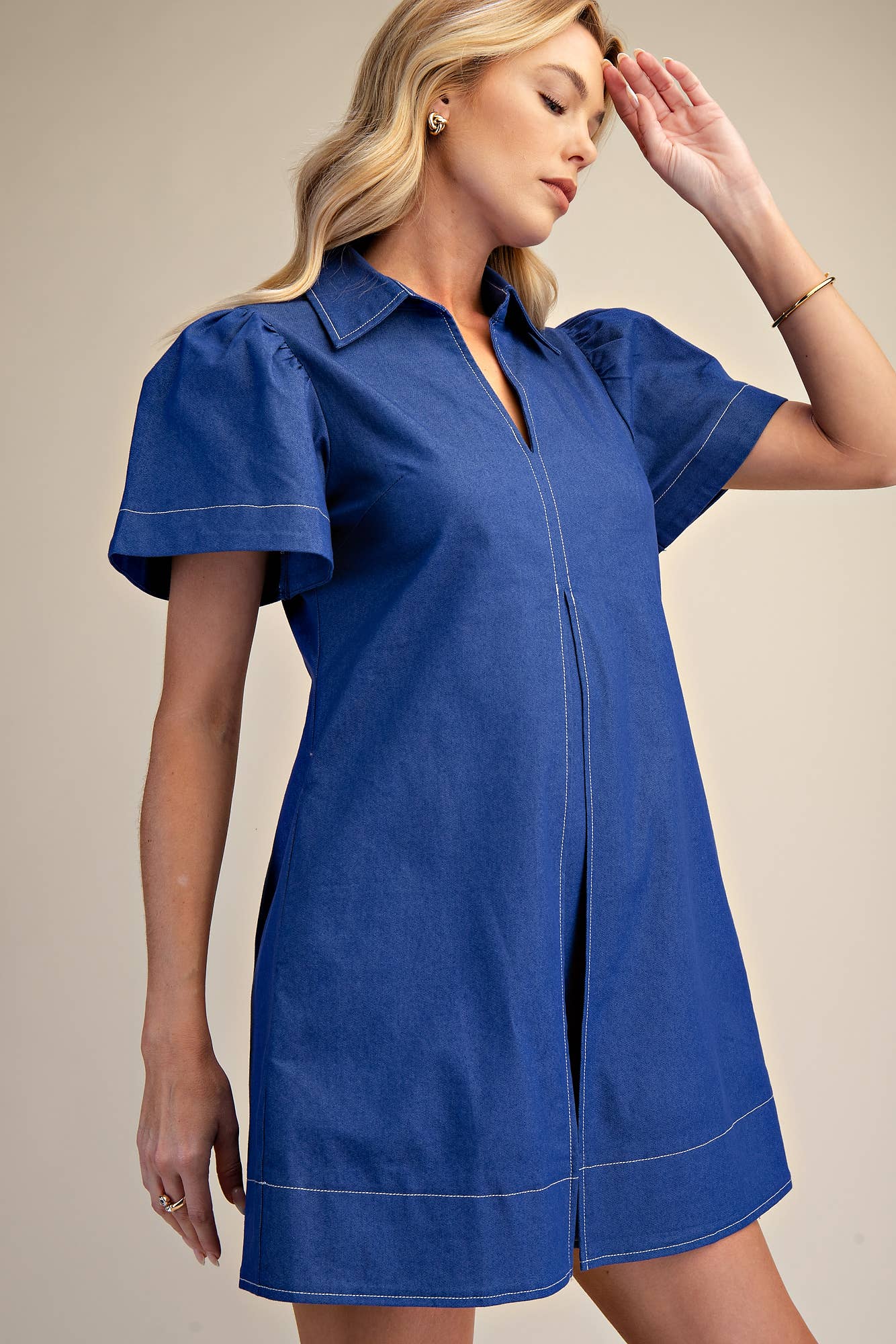 LAST CHANCE - Collared V-Neck Pleated Mini Dress