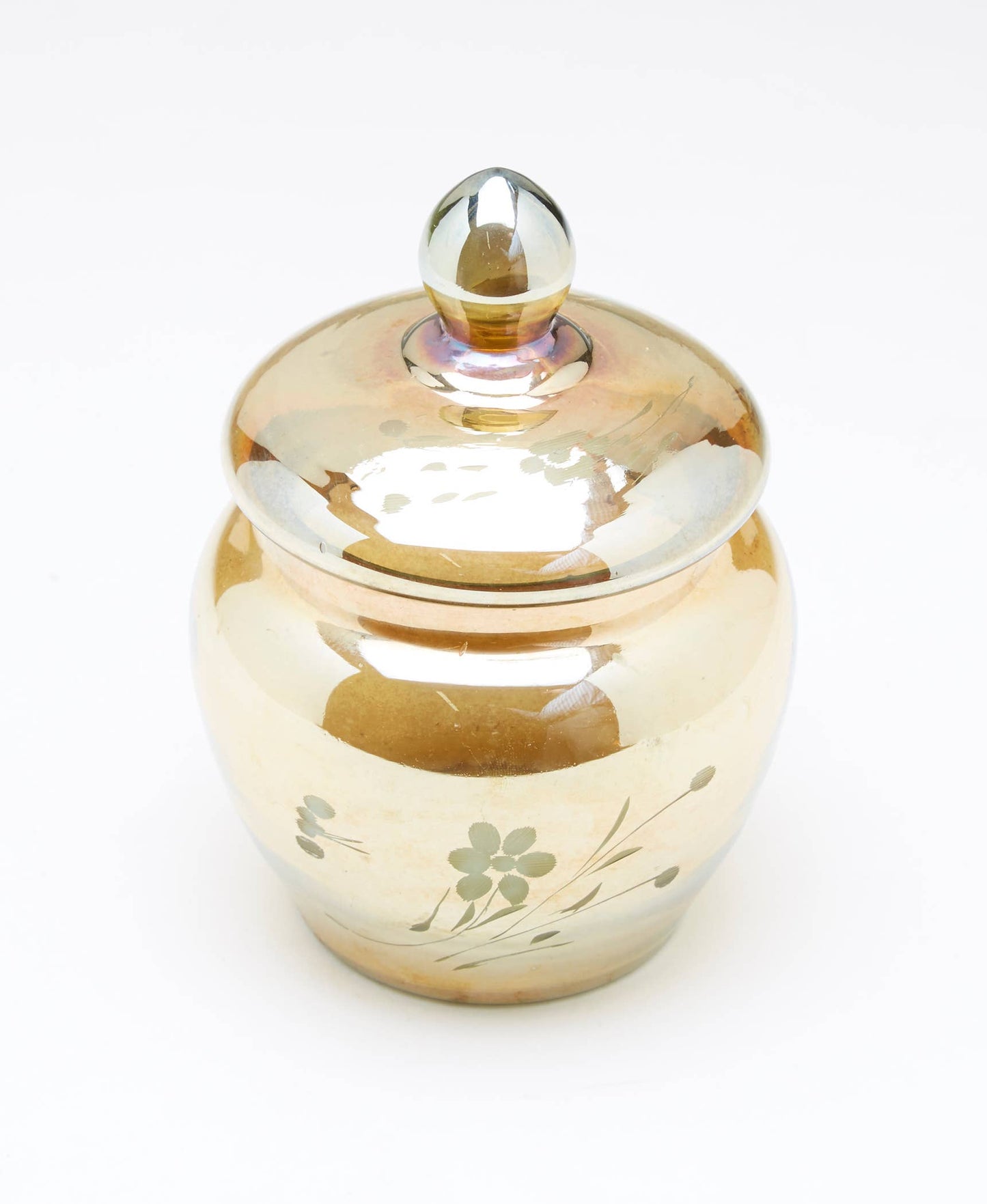 Small Gold Iridescent Glass Canister w/ Floral Etching