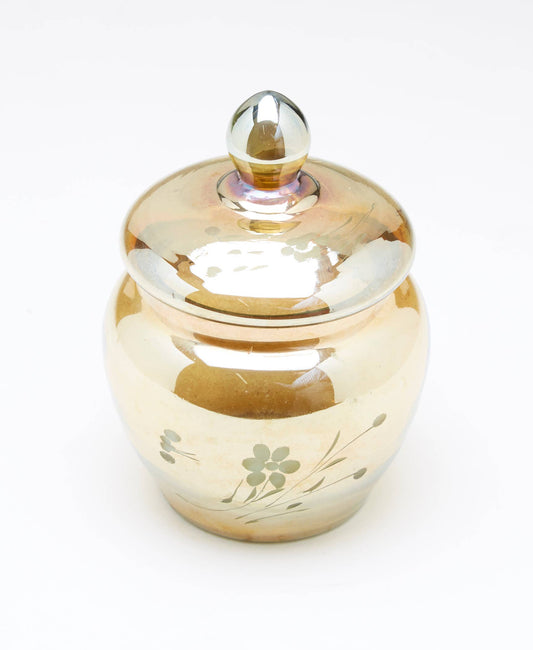 Small Gold Iridescent Glass Canister w/ Floral Etching