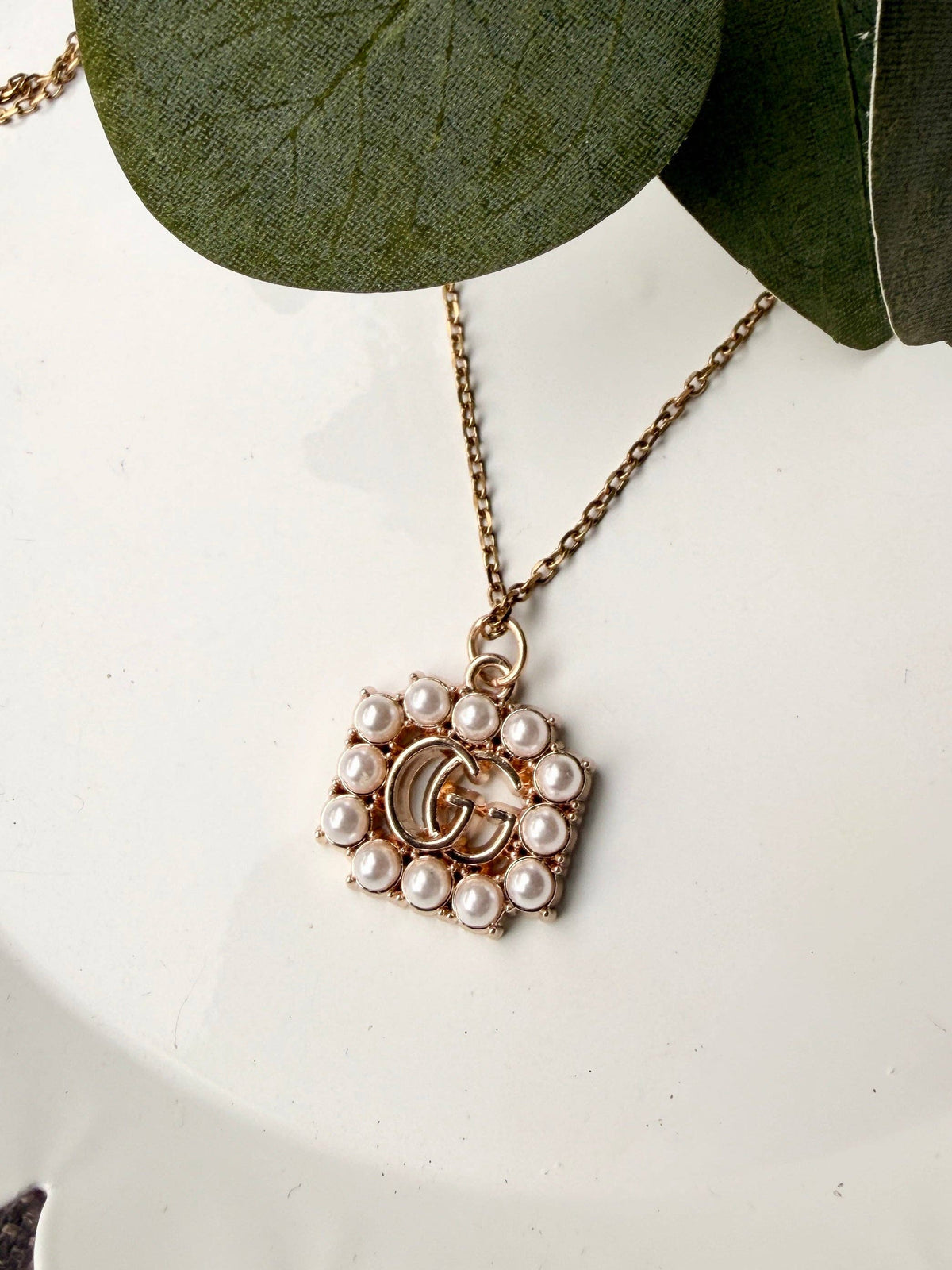 Upcycled Gucci Square Pearl Border Pendant Necklace