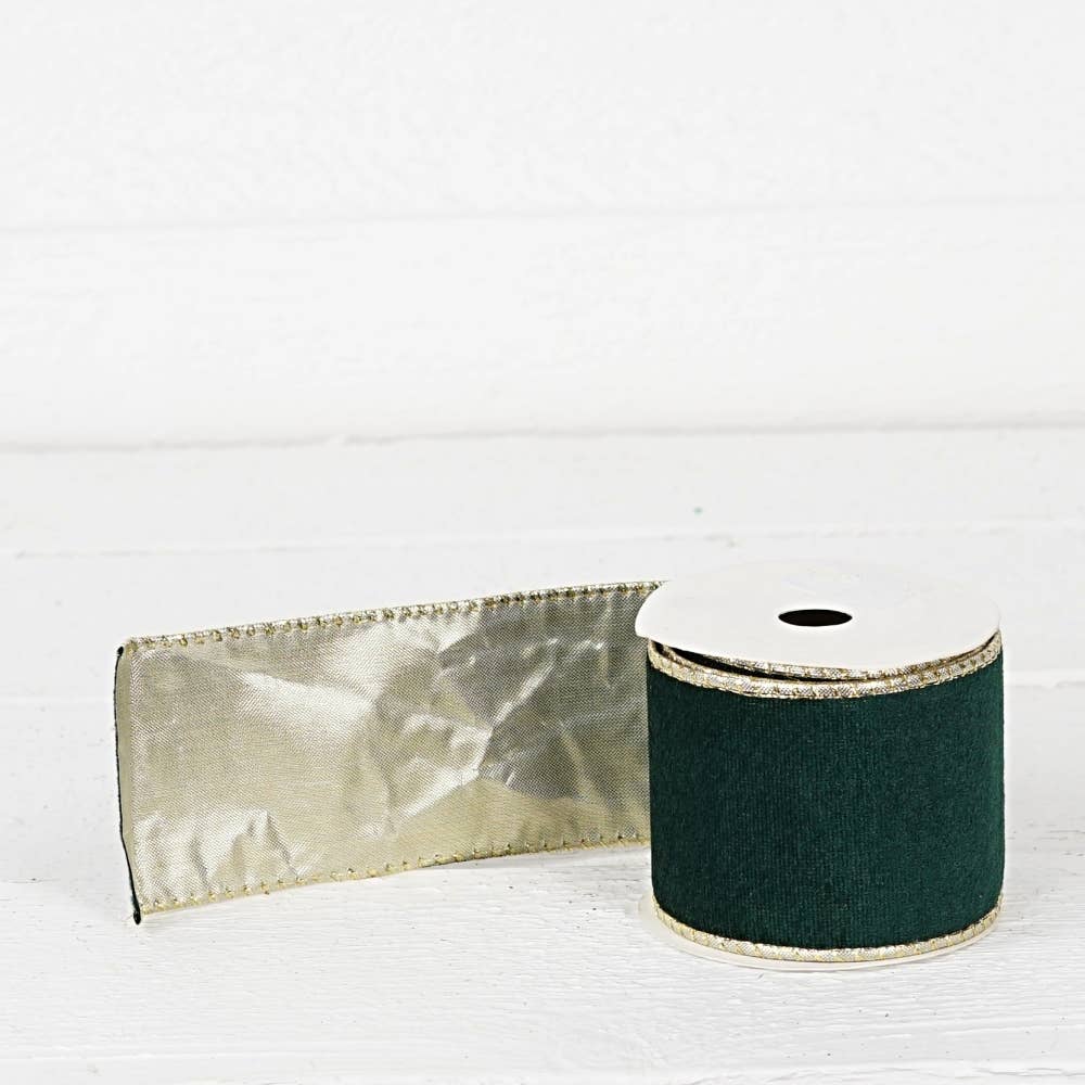 Wired Ribbon-Green hard velvet w. Gold Back (2.5inW)