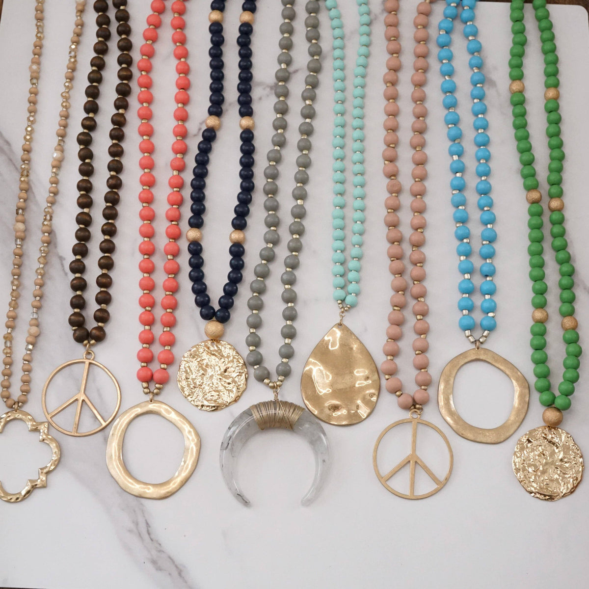 Long Wooden Beads Necklace with golden circle - Cream