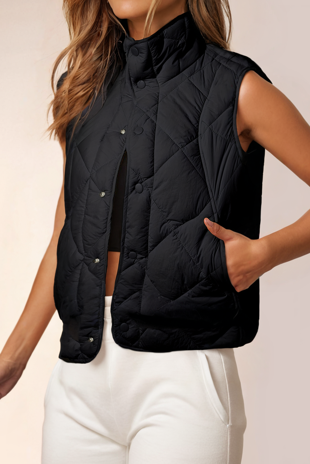 LAST CHANCE - Quilted Stand Neck Button Down Pocket Vest Coat - size S