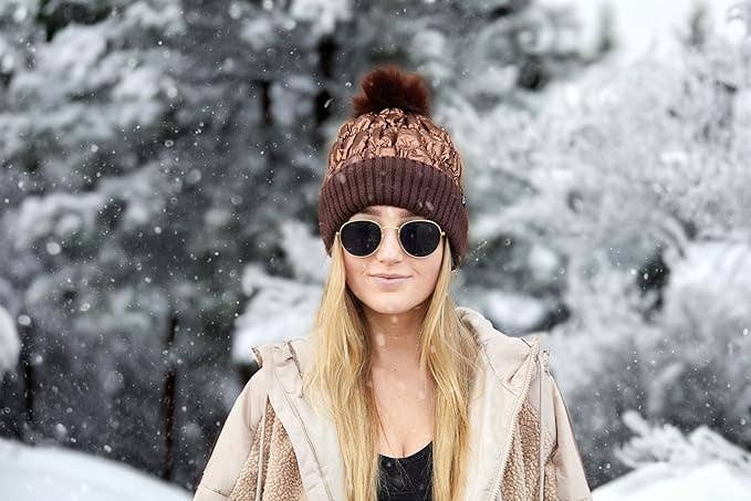 Puffer Faux Fur Pom Beanie - Bronze