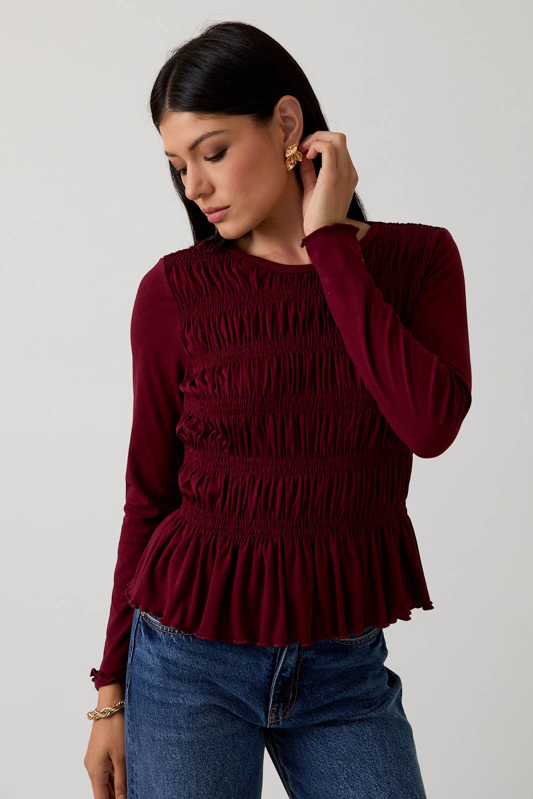 Round Neck Long Sleeve Smocked Top