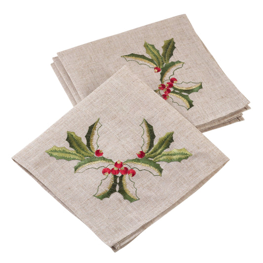 Embroidered Holly Design Napkin