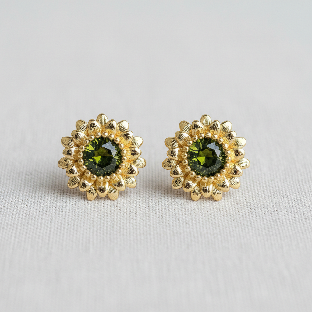Vintage Olive Green Zircon Sunflower Stud Earrings