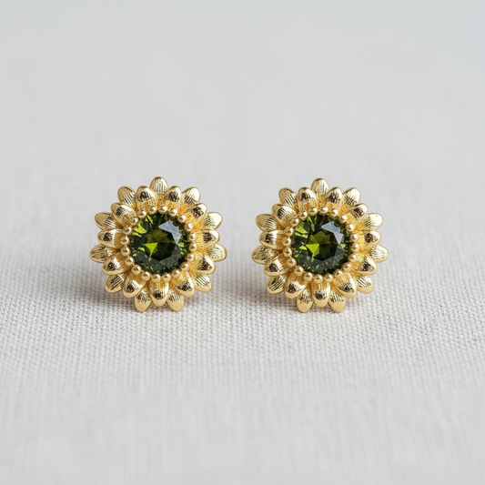 Vintage Olive Green Zircon Sunflower Stud Earrings