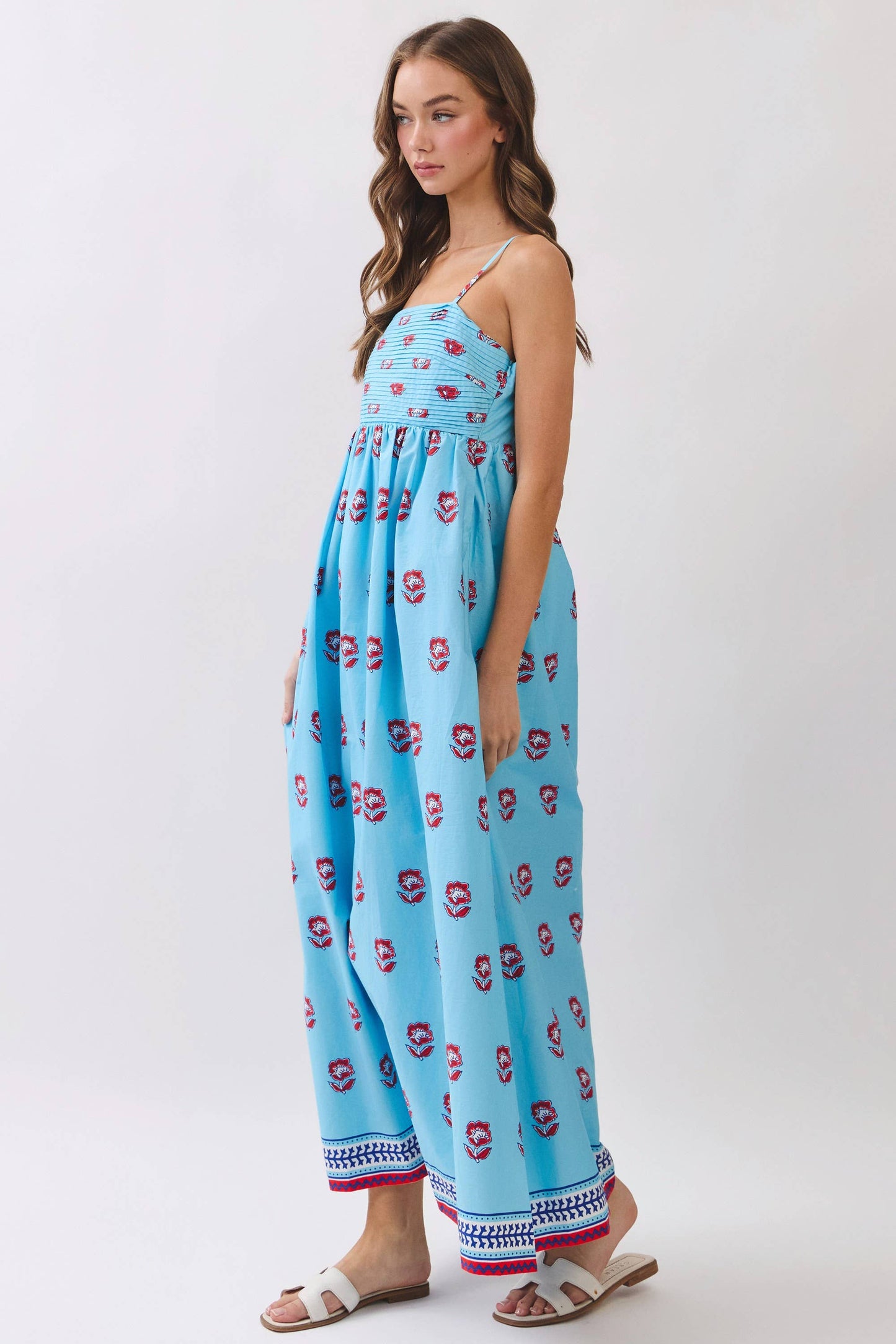 Floral Print Smocked Back Side Pockets Maxi Dress