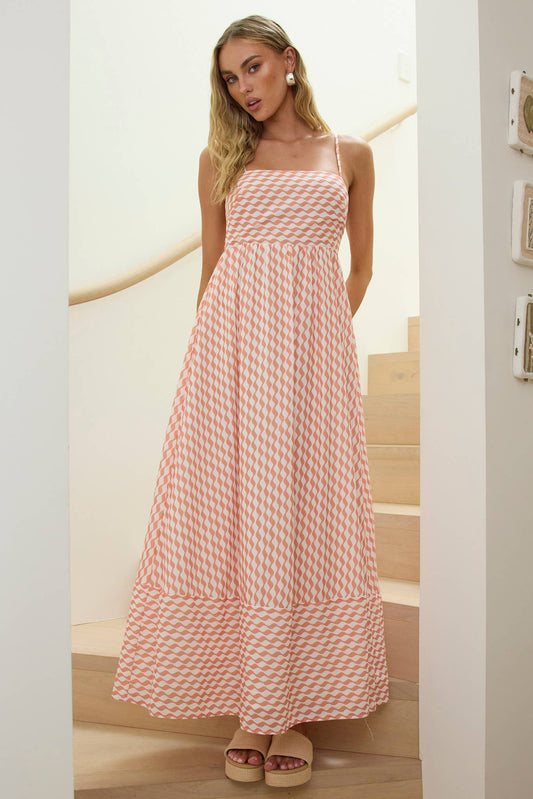 SQUIGGLE PATTERN BACK SMOCKING MAXI DRESS