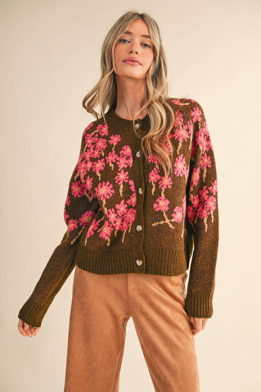 FLORAL KNIT BUTTON DOWN SWEATER CARDIGAN MSW11238