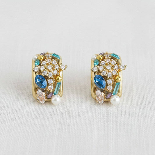 Vintage Inspired Colorful Cubic Zirconia C-Shape Stud Earrings