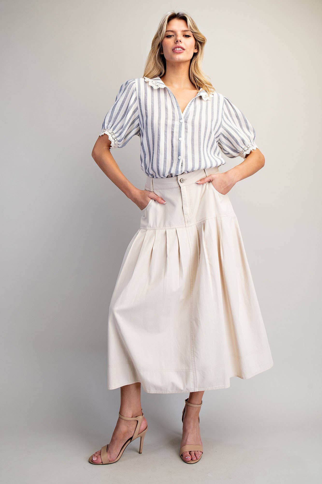 LACE TRIMMED STRIPED BUTTON DOWN SHIRT