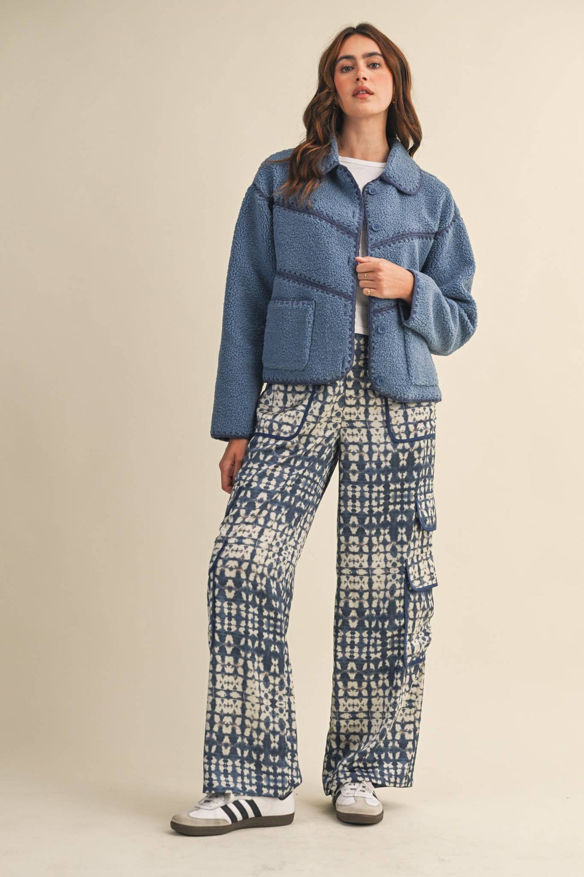 FAUX SHERPA FLEECE JACKET WITH BLANKET STITCH