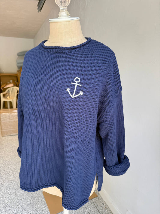 LAST CHANCE - Chloe Navy Anchor Roll Neck Sweater
