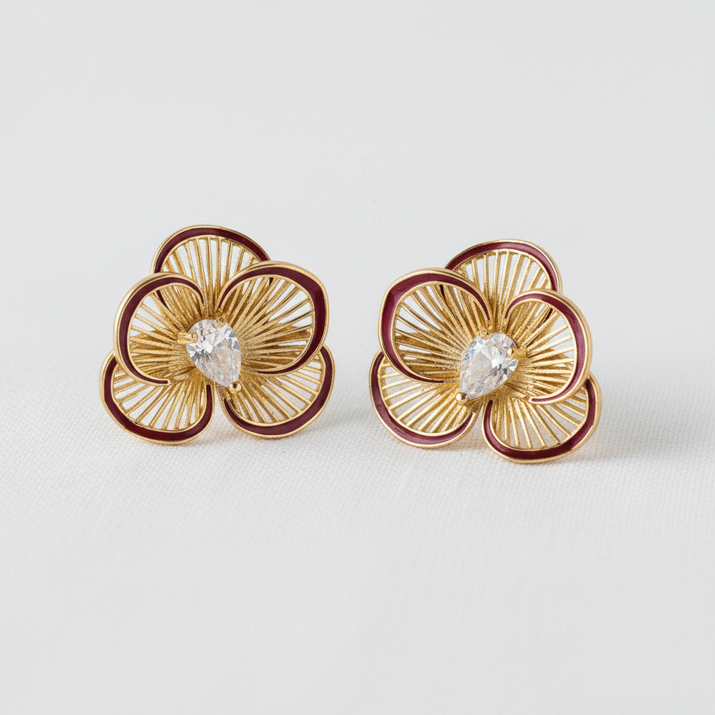 Sculptural Burgundy Floral Stud Earrings