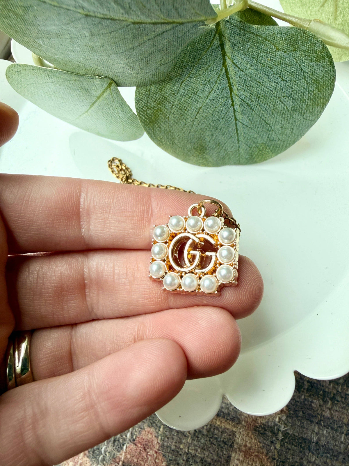 Upcycled Gucci Square Pearl Border Pendant Necklace