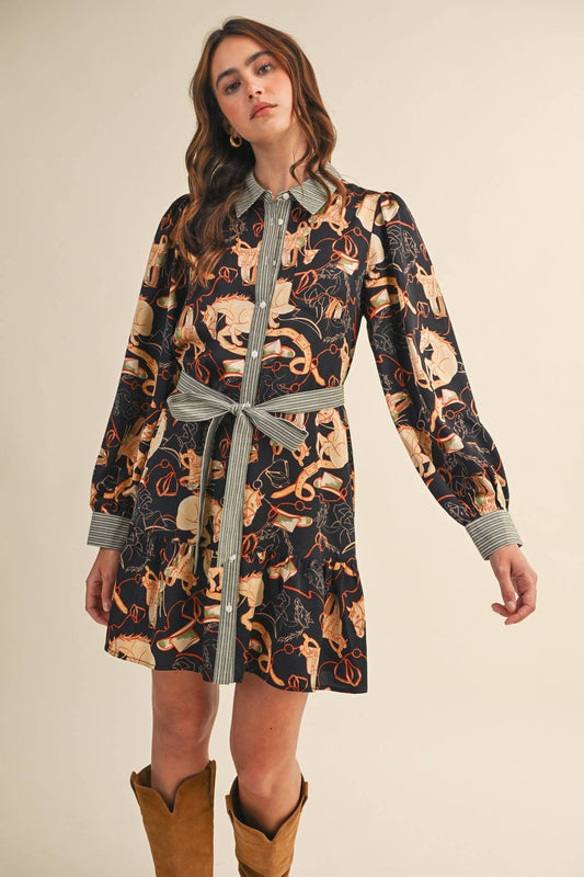 EXCLUSIVE MIXED PRINT BUTTON DOWN MINI DRESS