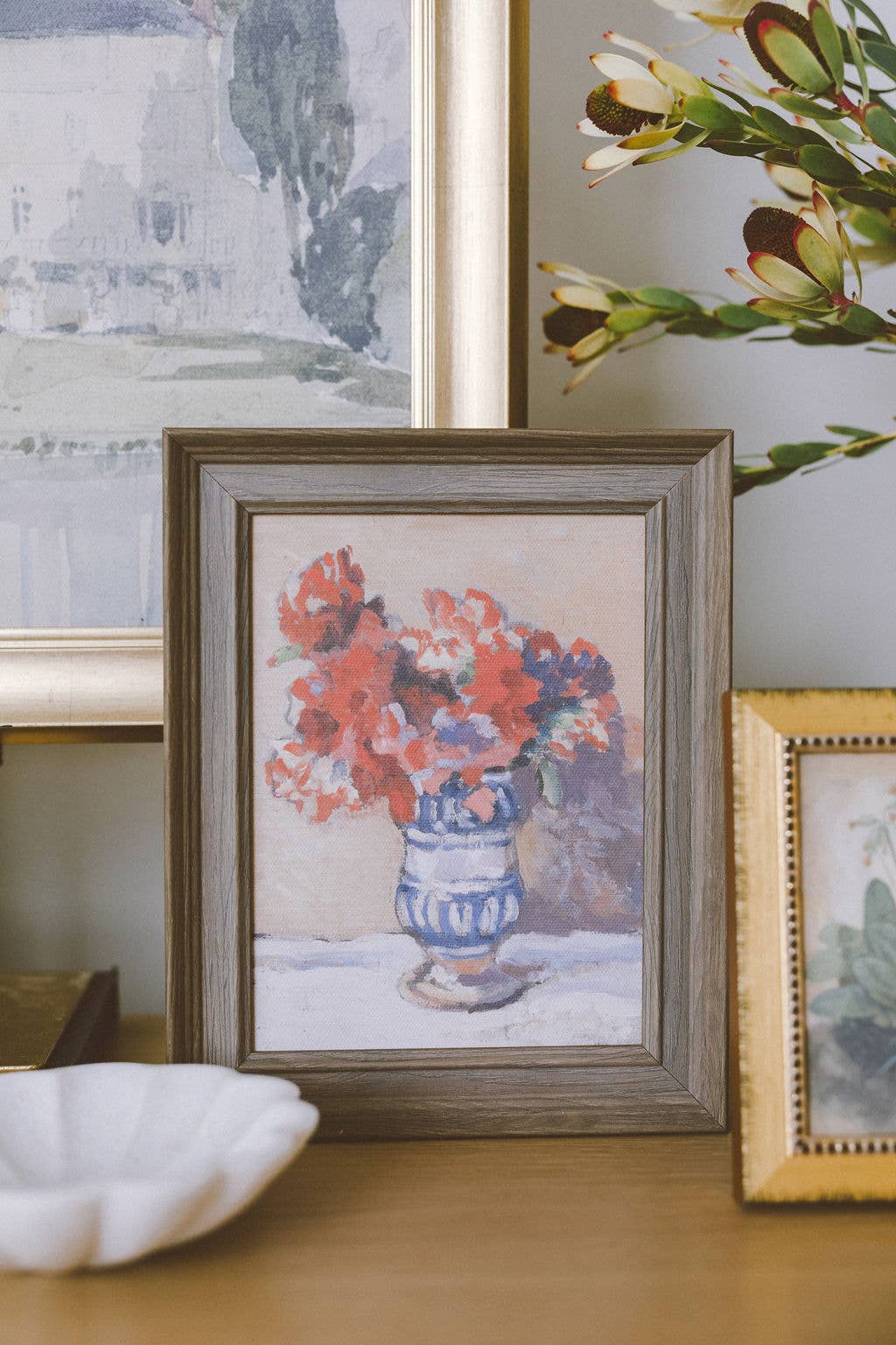 Red Flowers in Blue Vase Framed Antique Art