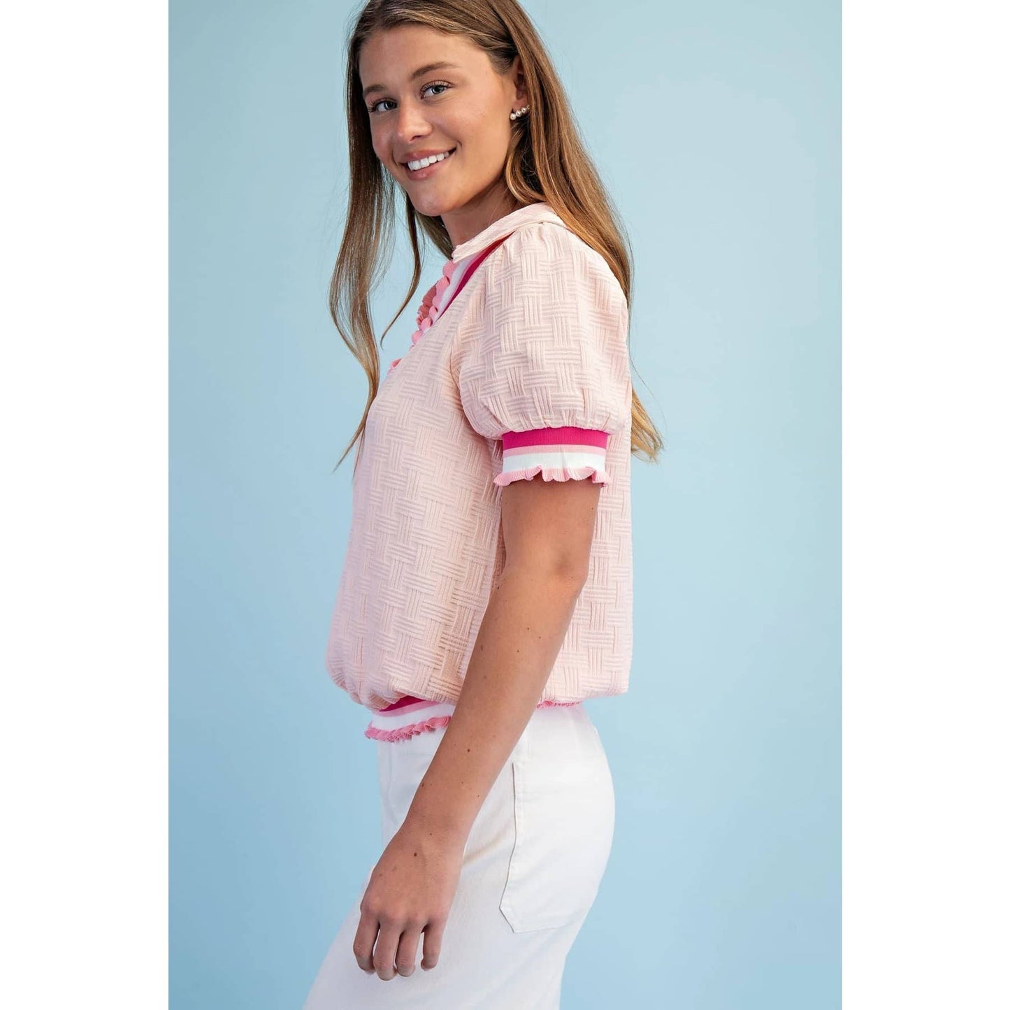 LAST CHANCE - Textured V-Neck Short-Sleeve Top