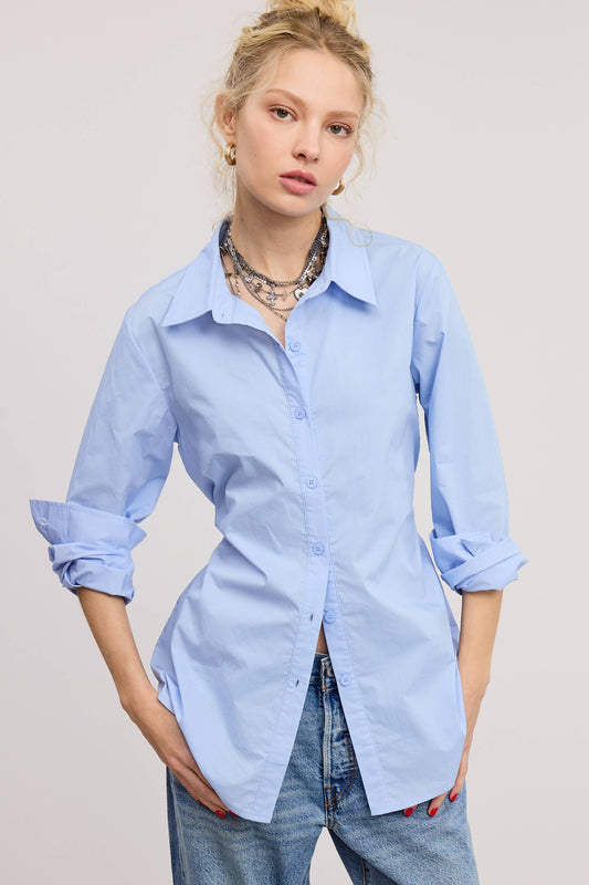 Fitted Collared Shirt Blouse with Back Self-Tie