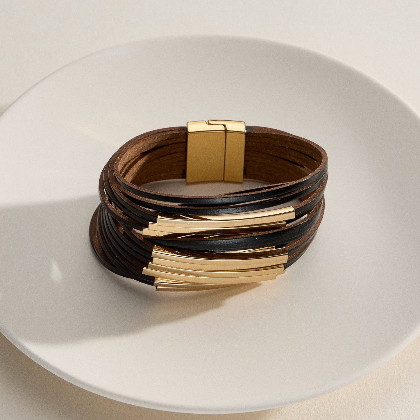 Multi-Layer Leather Wrap Cuff Bracelet with Natural Stone Accents