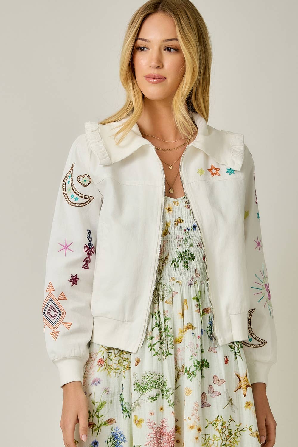 Embroidered Blouson Jacket with Star Detail - Vintage White