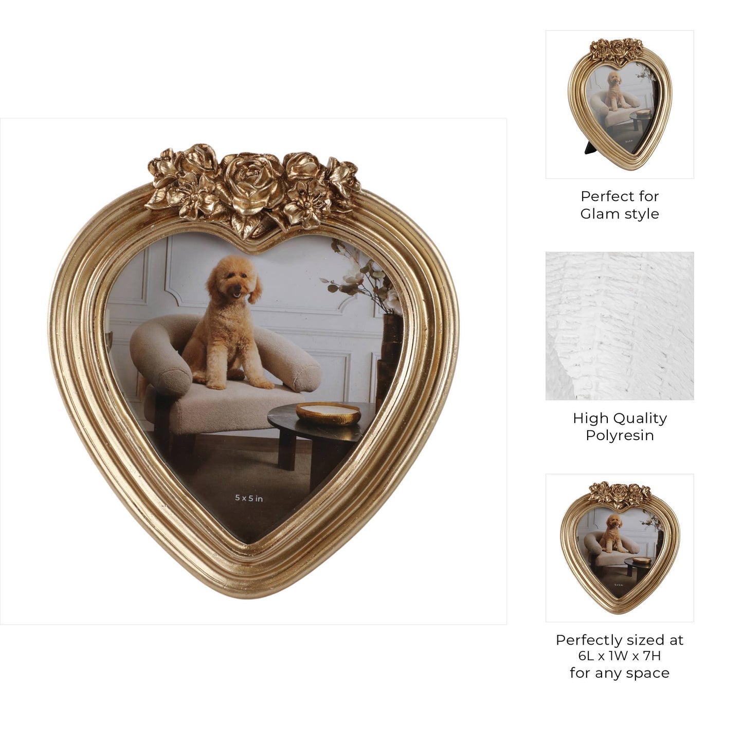 Photo Frame - Gold Polyresin Heart with Roses, 5x5 in.