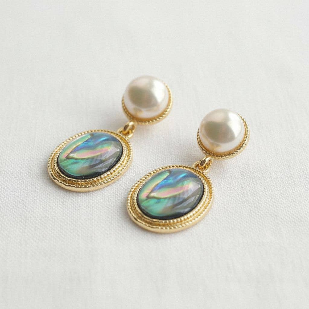 Retro Freshwater Pearl and Abalone Drop Earrings