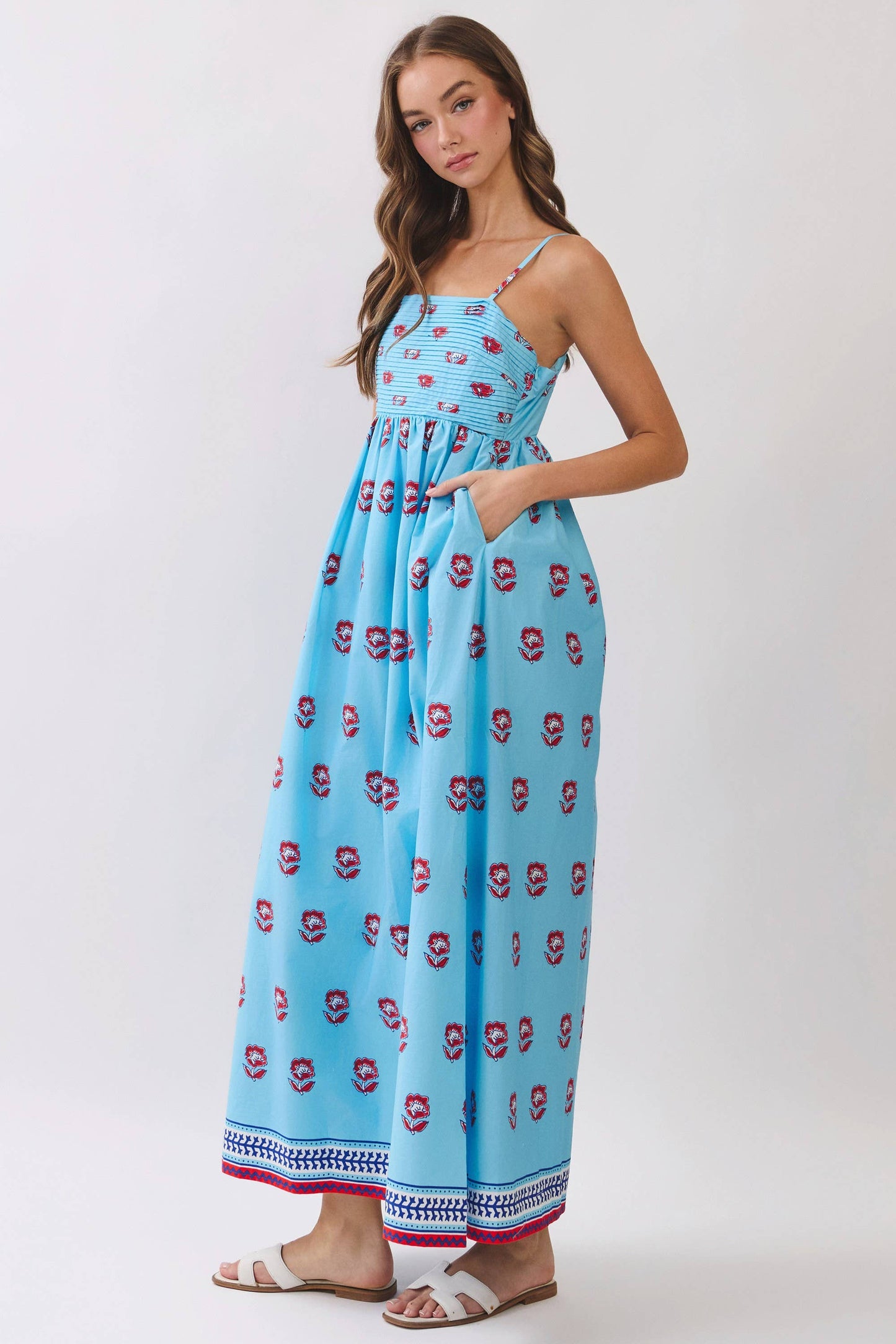 Floral Print Smocked Back Side Pockets Maxi Dress