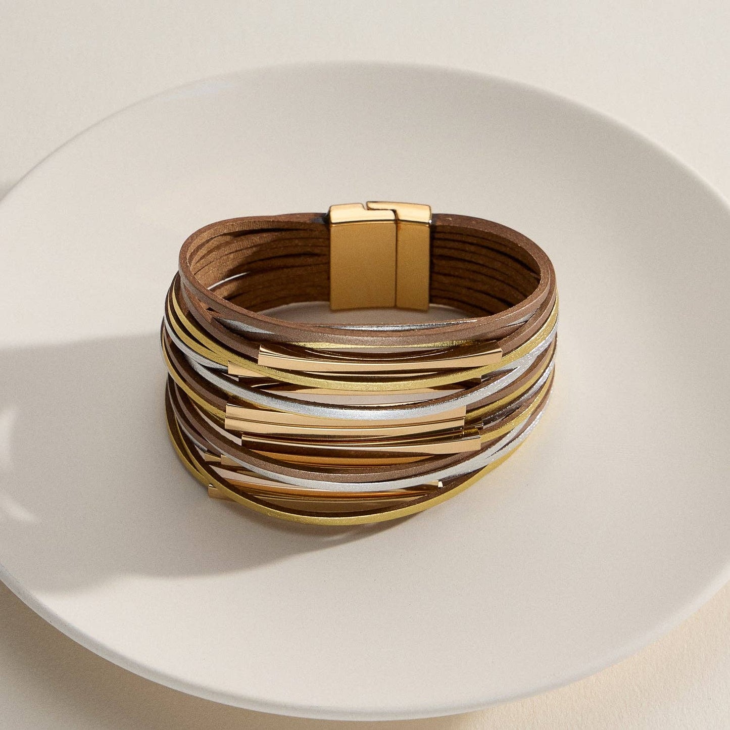 Multi-Layer Leather Wrap Cuff Bracelet with Natural Stone Accents