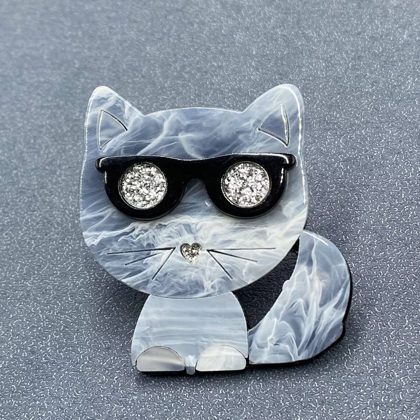 Grey Cat with Glasses Acrylic Brooch
