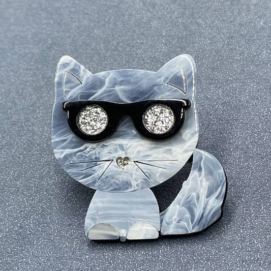 Grey Cat with Glasses Acrylic Brooch